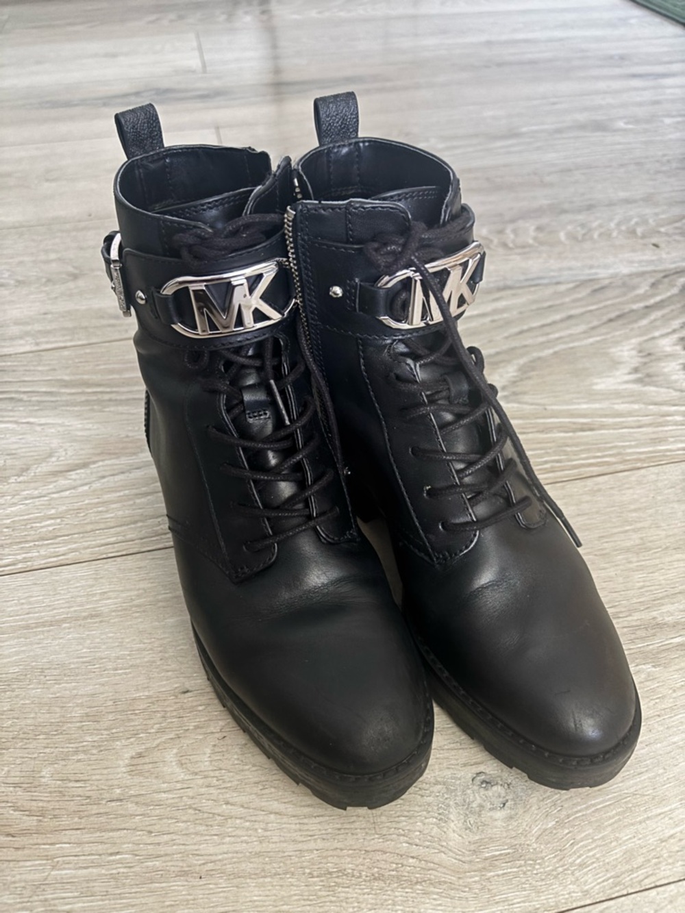 Michael Kors Black Leather MK Hardware Lace-Up Combat Boots
